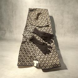 Michael Kors Brown & Cream MK Monogram Scarf, Hat and Gloves Set