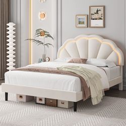 Full Upholstered Smart LED Bed Frame with Adjustable Chic Petal Headboard, Princess Full Size Platform Bed Frames for Kids/Girls, Wooden Slats Support