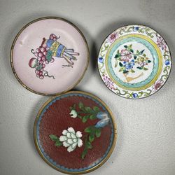 Three Antique Chinese Cloisonné Small Plates 