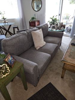 LARK MANOR ANYLIA LINEN GREY SOFA 78" LONG, W 3 CUSHIONS VERY CLEAN ONLY 2 YEARS OLD.  GETTING LARGER SOFA.