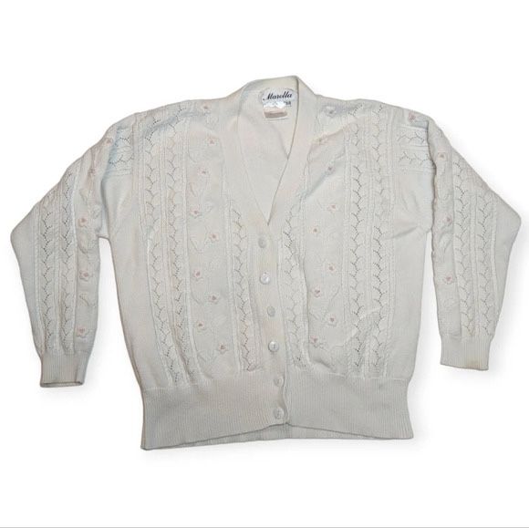 Vintage Marella White Knit Embroidered Flower Button Cardigan Sweater