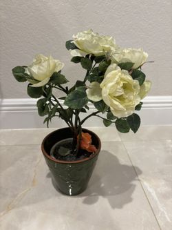 Artificial Cream Rose Plant in Green Ceramic Pot – Home Décor