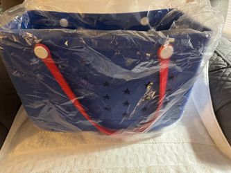 Blue Rubber Tote Bag with Red Handles