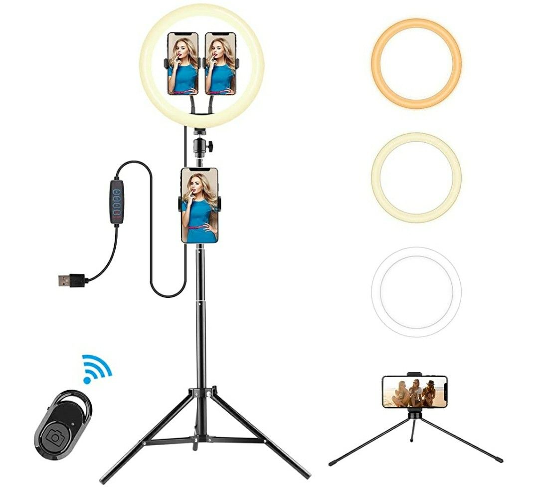 12" Ring Light with Stand - 3 Colors Dimming LED Ring Lights with 3 Extendable Phone Holder for Photography Compatible,Makeup, YouTube, Live Stream