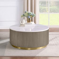 Coffee table white marble top, Greige wood finish, Gold metal  ring base. New Especial price