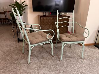 Pair of Mint Green Metal Armchairs with Cushions