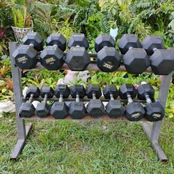 SET OF  USED  RUBBER  HEX  DUMBBELLS  &    2  TIER  RACK  (PAIRS OF)  :   15s  20s  25s  30s  35s  40s  50s 
