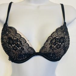 Victoria’s Secret Sexy Little Things Bra Black Lace Plunge Rhinestones Size 32D