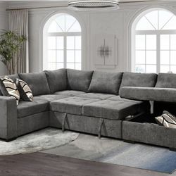 THSUPER 123'' Chenille Sectional Sleeper Sofa Couch with Pull Out Bed, 6 Seater U Shaped Oversized Sleeper Sectional Sofas Couches with Storage Chaise