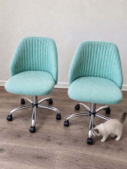 Mint Aqua Upholstered Swivel Chairs — Matching Pair — $110