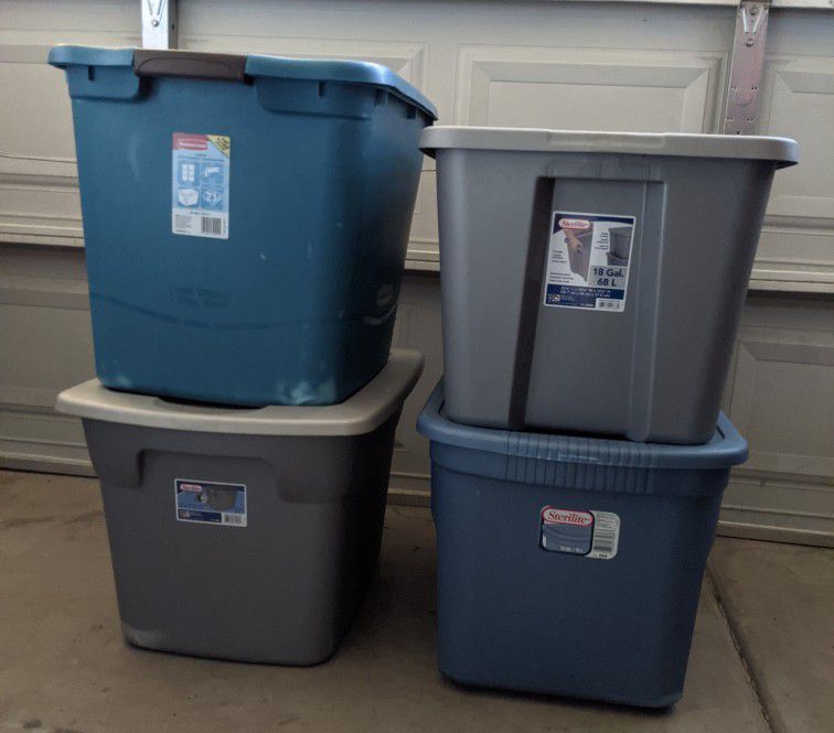 4 RUBBERMAID And STERILITE BINS STORAGE 21 GALLON,18 Gallon, $20 For ALL! Check Out My Page For More Offer Thanks!!!