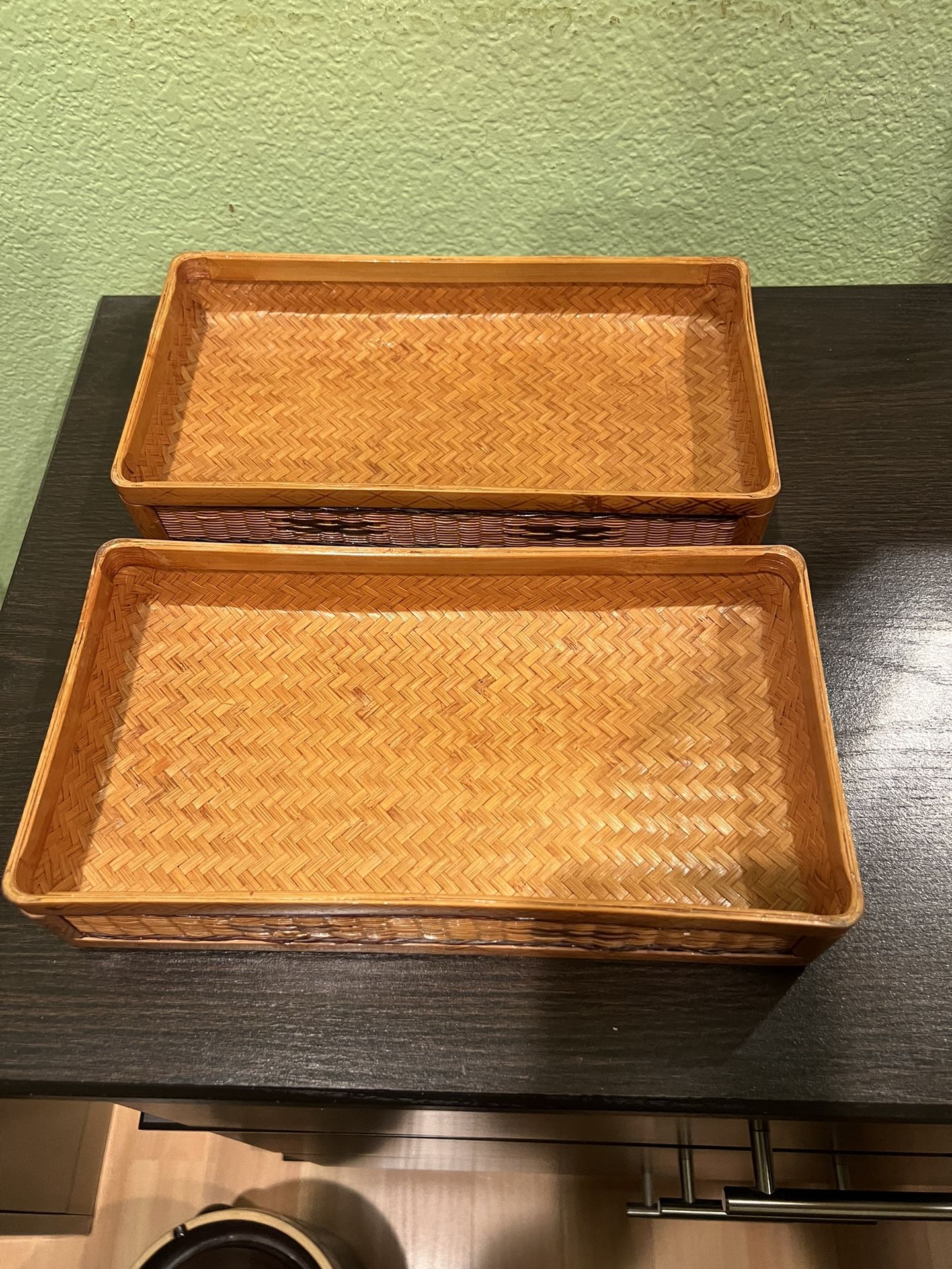 Vintage Chinese Rattan Food Picnic Three Tier Basket 1950s 9”Hx 11”Wx6”D