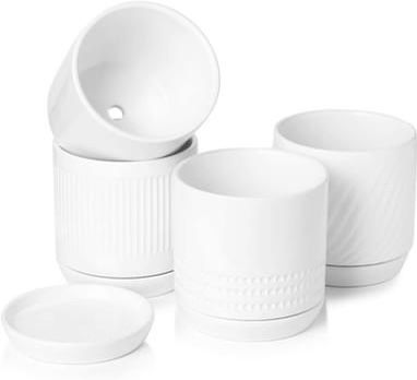 White Minimalist Glazed Ceramic Pots with Ceramic Saucer pack of 4