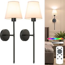 Set of 2 Black Battery Operated Wall Sconce Rechargeable Wall Lights with 5200mAh Dimmable Detachable Bulbs and Remote, 9 Colors Wireless Wall Lamps