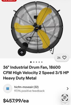 36" Industrial Drum Fan, 18600 CFM High Velocity 2 Speed 3/5 HP Heavy Duty Metal