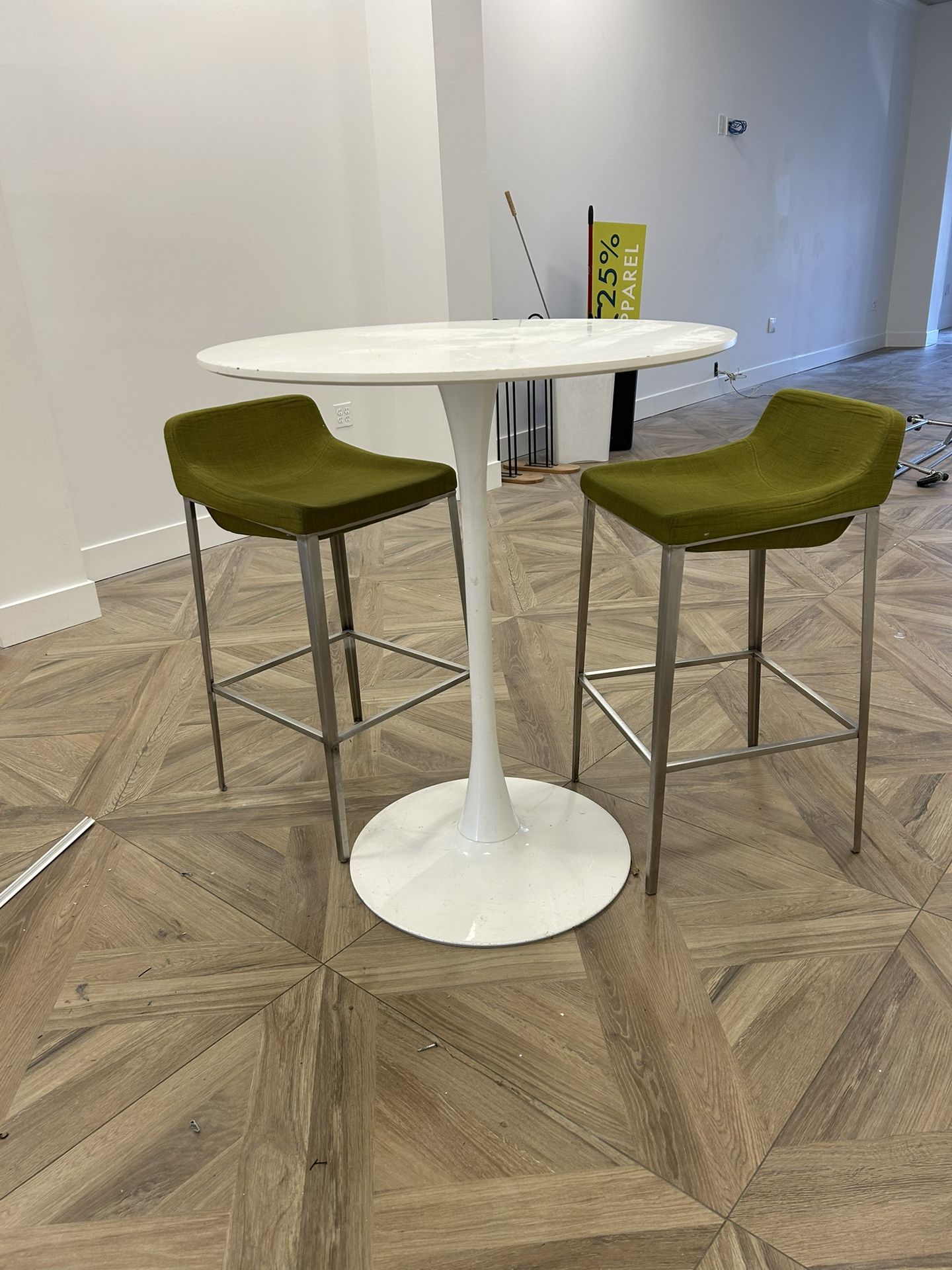 Modern Hightop Table + 2 Olive Green Bar Stools – Set