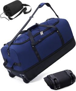 CONTAIL 32” Soft-side 110L Expandable 140L Rolling Duffle Bag with 2 Inline Wheels,Convertible Weekend Travel Bag with Bungee-Cord System,Navy
