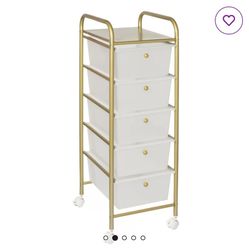 Storage Solution - 6 Compartments  Rolling Storage. White Plastic Drawers & Gold Metal top And  frame