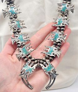 Sterling Peyote Bird Squash Blossom Necklace 