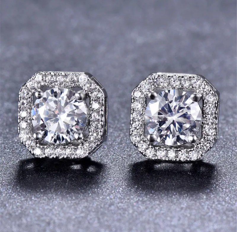 Iced Out14K White Gold-Plated Cubic Zirconia Cluster Men & Women Stud Earrings 