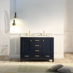 48”blue single sink bathroom vanity with carrara white marble stone top