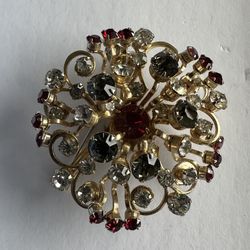 Vintage  Round Gold Tone With Gray And Red Rhinestone Brooch / Pin