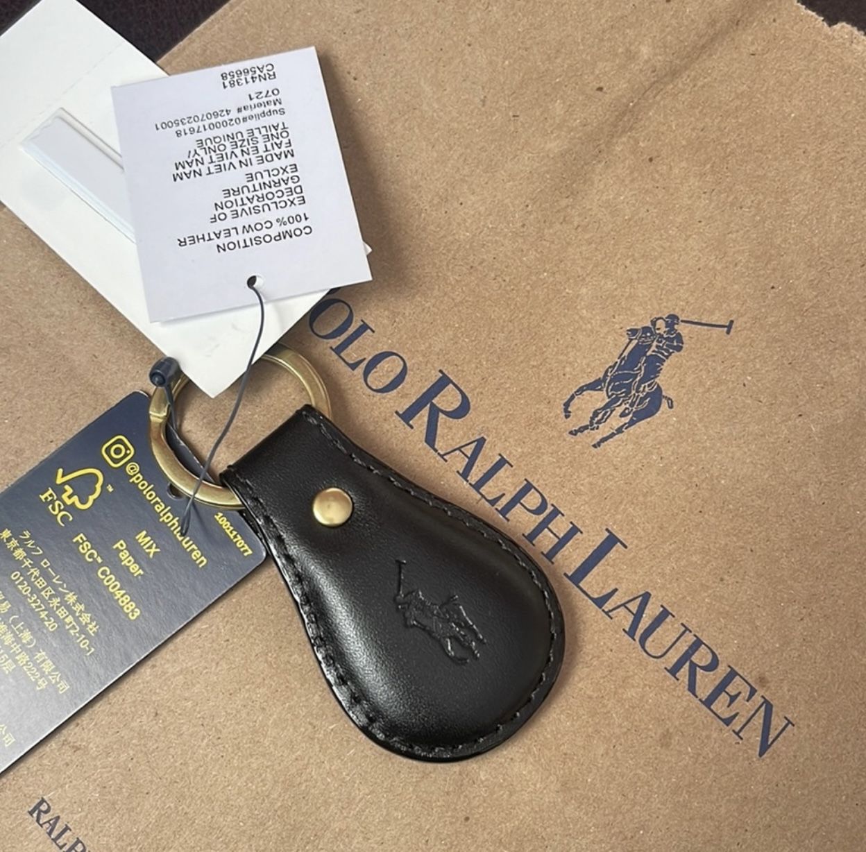 Polo Ralph Lauren Men's Women's Keychain Key Fob Leather Black NWT