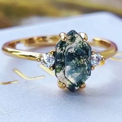 Natural Moss Agate Gold Ring 925