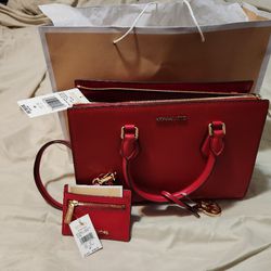 Michael Kors Outlet Sheila Medium Faux Saffiano Leather Satchel in red plus matching coin purse