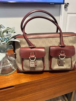 Dooney & Bourke Signature Canvas Satchel Bag Brown Leather Trim Pockets Rare