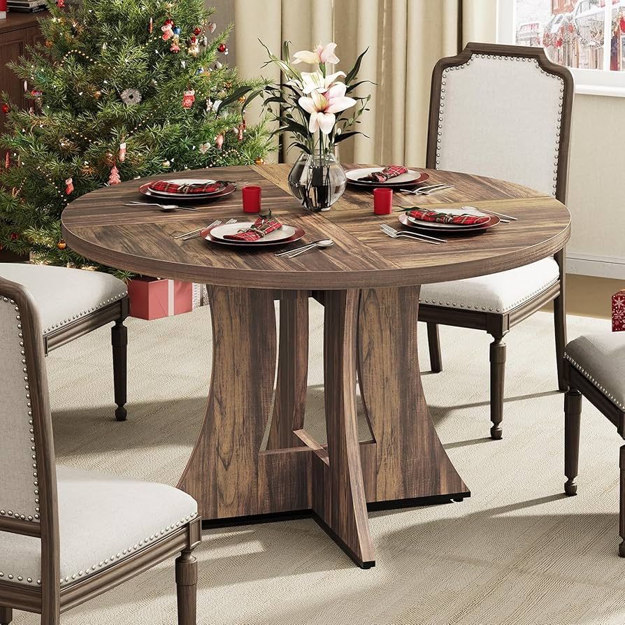 47 inch Round Dining Table for 4-6 People, Circle Kitchen MDF Table for Dining Room Living Room, Small Wood Farmhouse Dinner Table,walnut