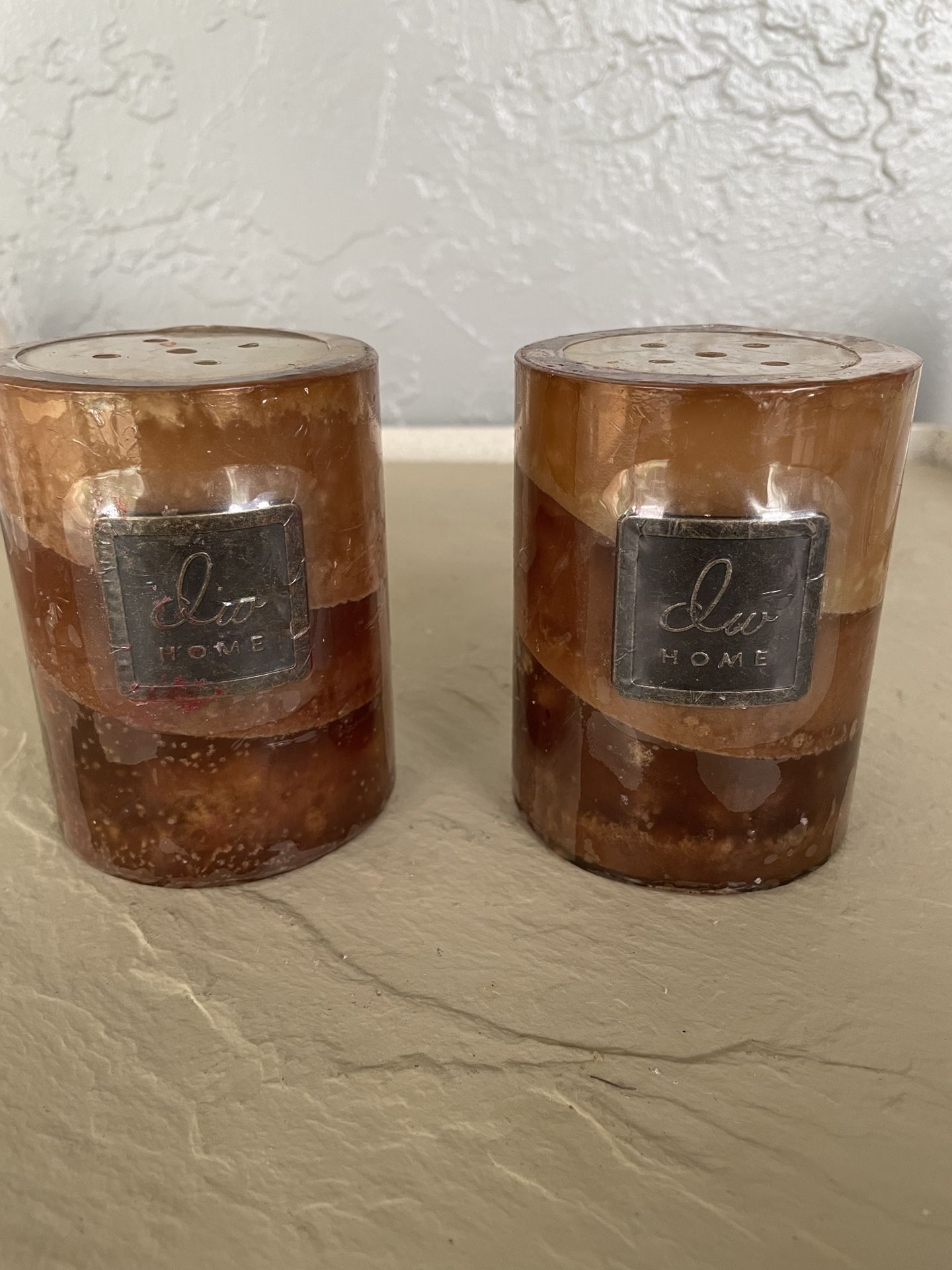 Pair of DW Home- tri tone brown pillar candle- still wrapped- Vanilla sky- 3x4