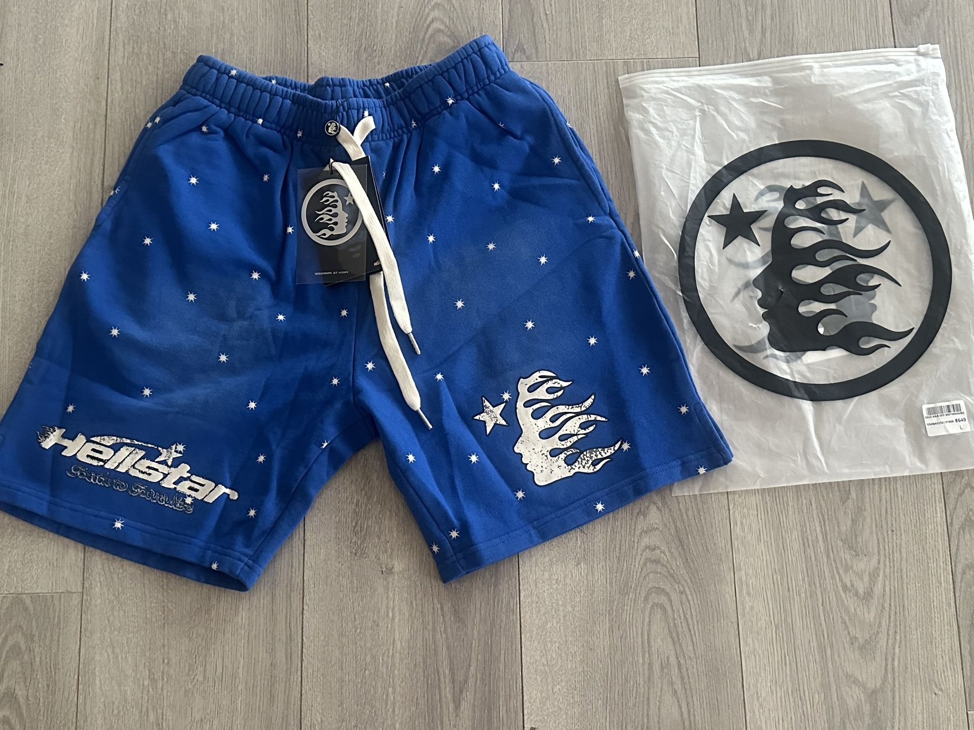 blue hellstar shorts. small, medium, and large