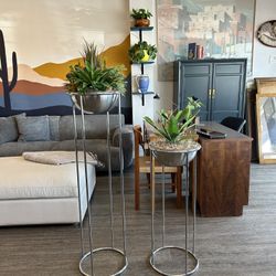 Gorgeous Pair Of MCM Chrome Plant Stands with Faux Plant