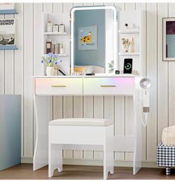 Vanity Desk with LED Lights Mirror & Power Outlet, Small Makeup Vanity Table Set with Storage Drawers & Chair, 3 Lighting Modes & Adjustable Brightnes