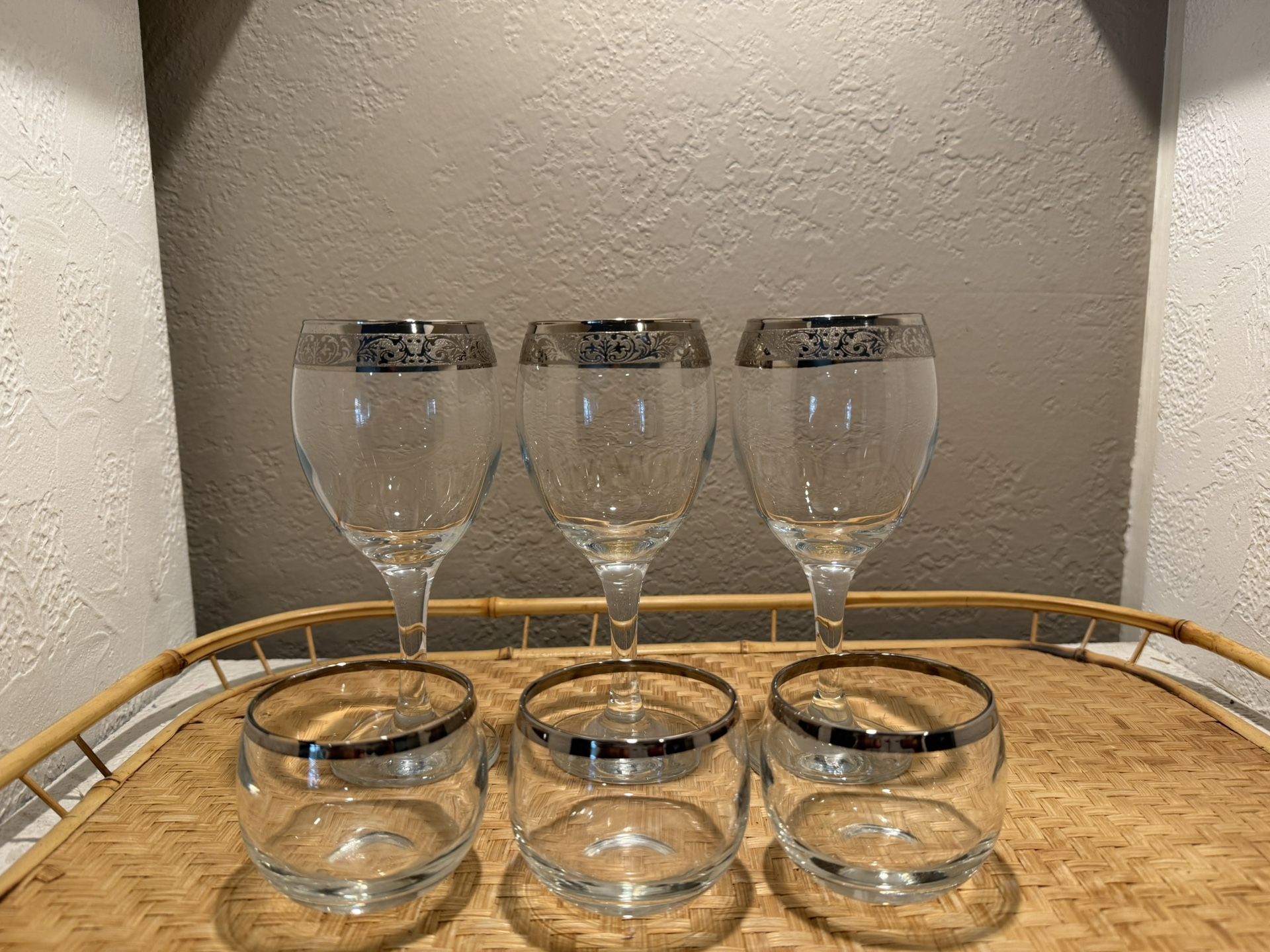 Vintage Silver Rimmed MCM Wine Glasses & Roku Poky Tasting Glasses