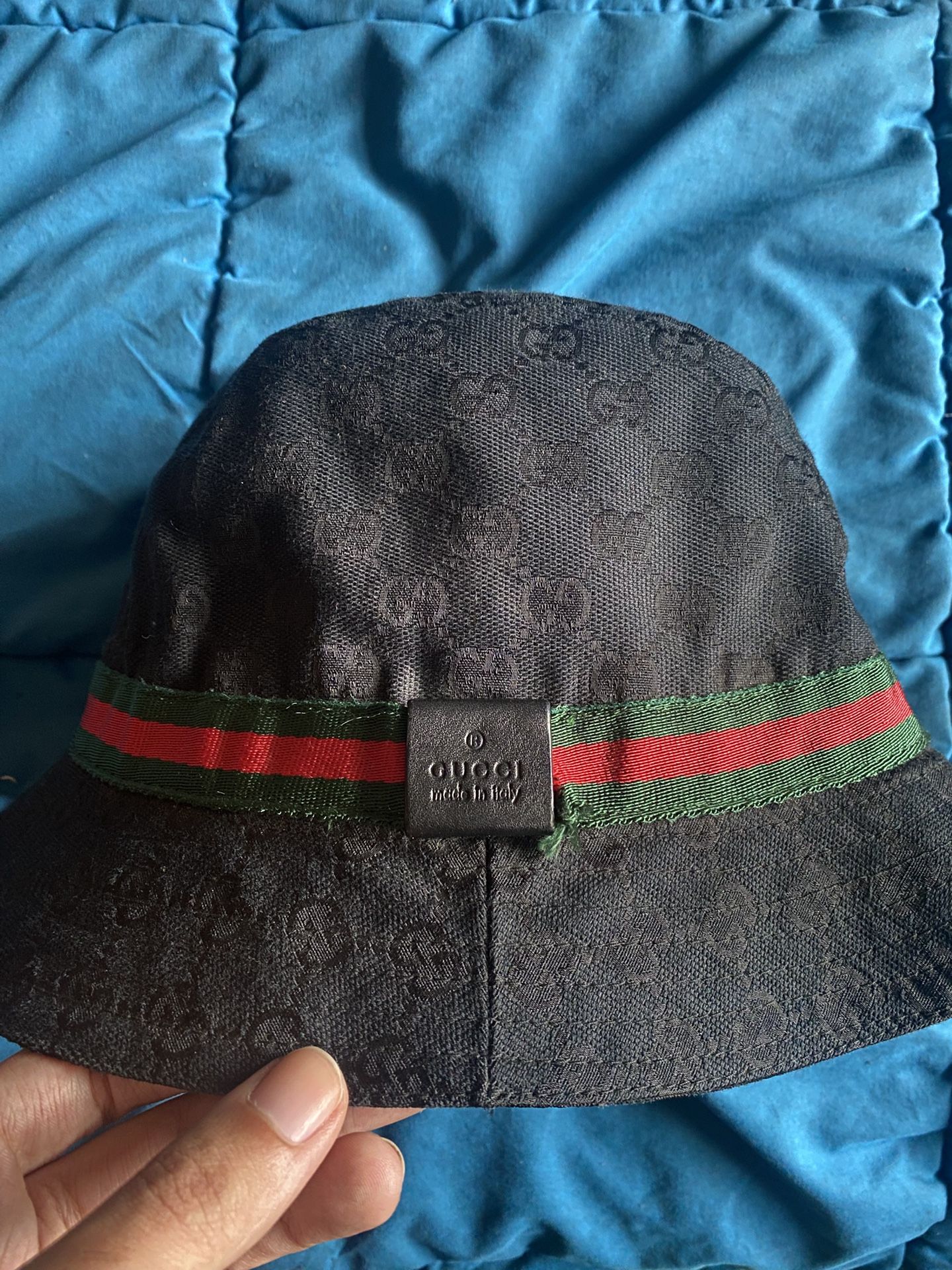 Gucci Mens GG Monogram Bucket Hat - Black/Green/Red