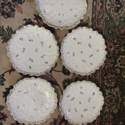 Gorgeous PORCELAIN Plates w/ Flowers Embossed gold trim x 5
