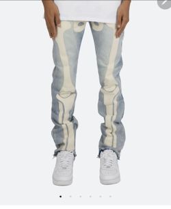 Skeleton Bone Print Light Blue Denim Slim Straight Jeans Halloween Theme Men size 30