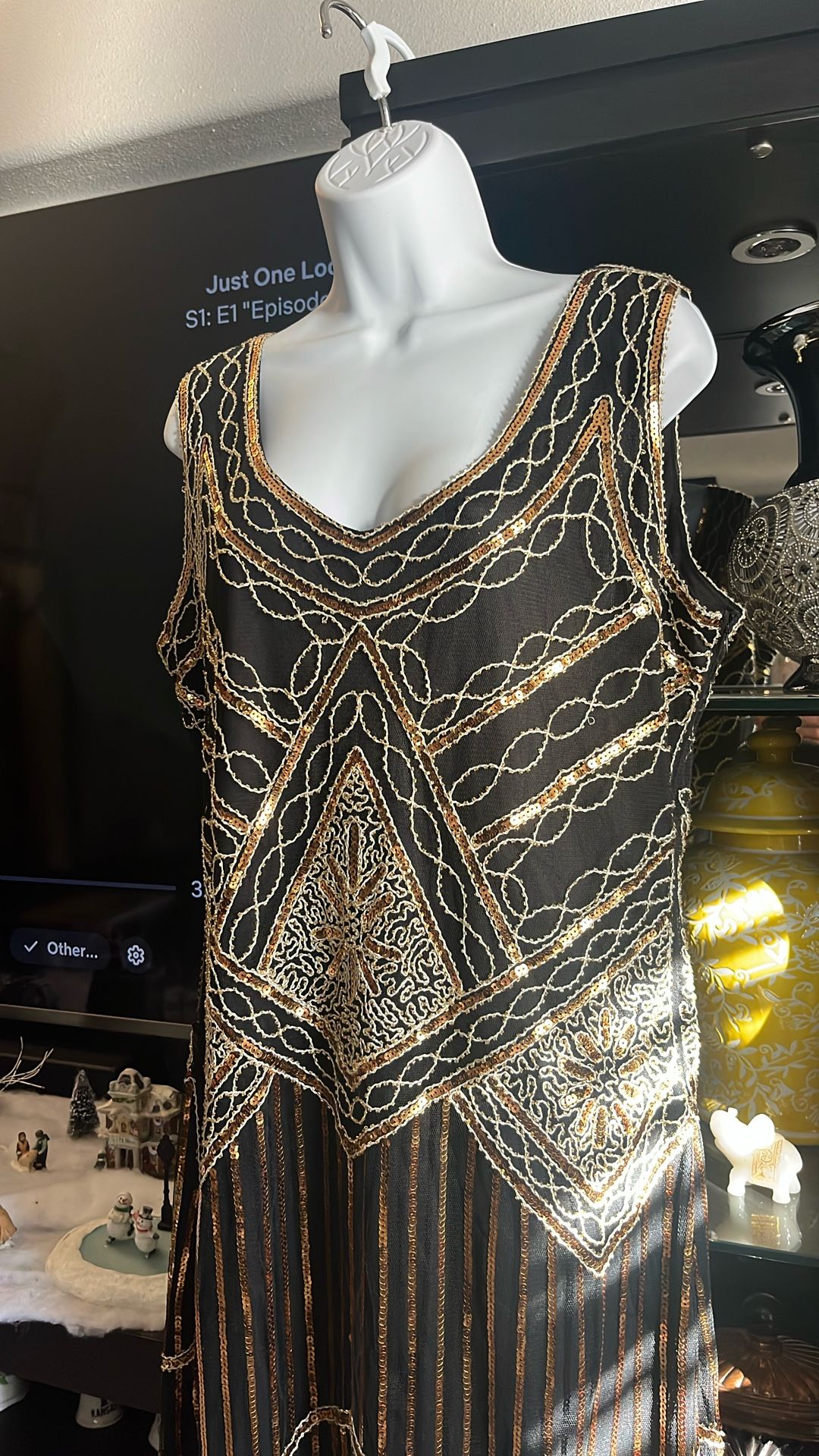Party Dress Gold Black Sequence Small Beaded With Fringed On The Bottomsize:XXL