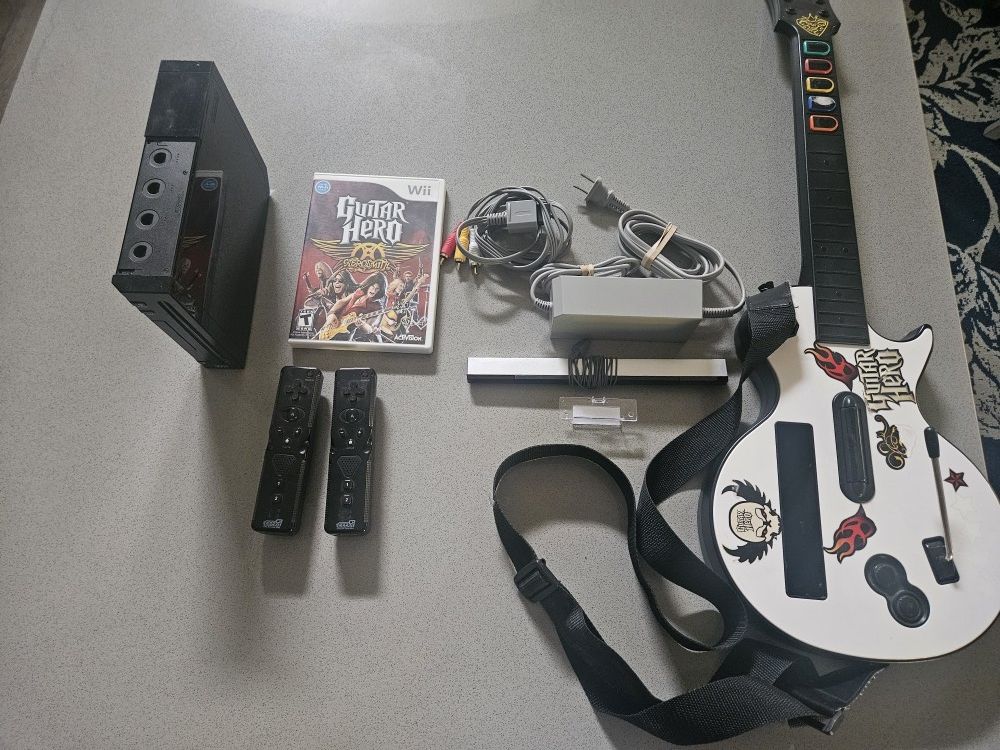 Black Wii Console, Accessories, Guitar Hero Game & Guitar