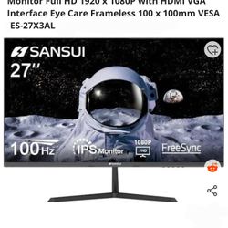 SANSUI 27 Inch Monitor, IPS 100Hz Computer Monitor Full HD 1920 x 1080P with HDMI VGA Interface Eye Care Frameless 100 x 100mm VESA (ES-27X3AL)