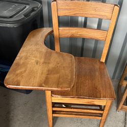 Vintage Antique Student Mission Oak Wood School Chair Attached Desk