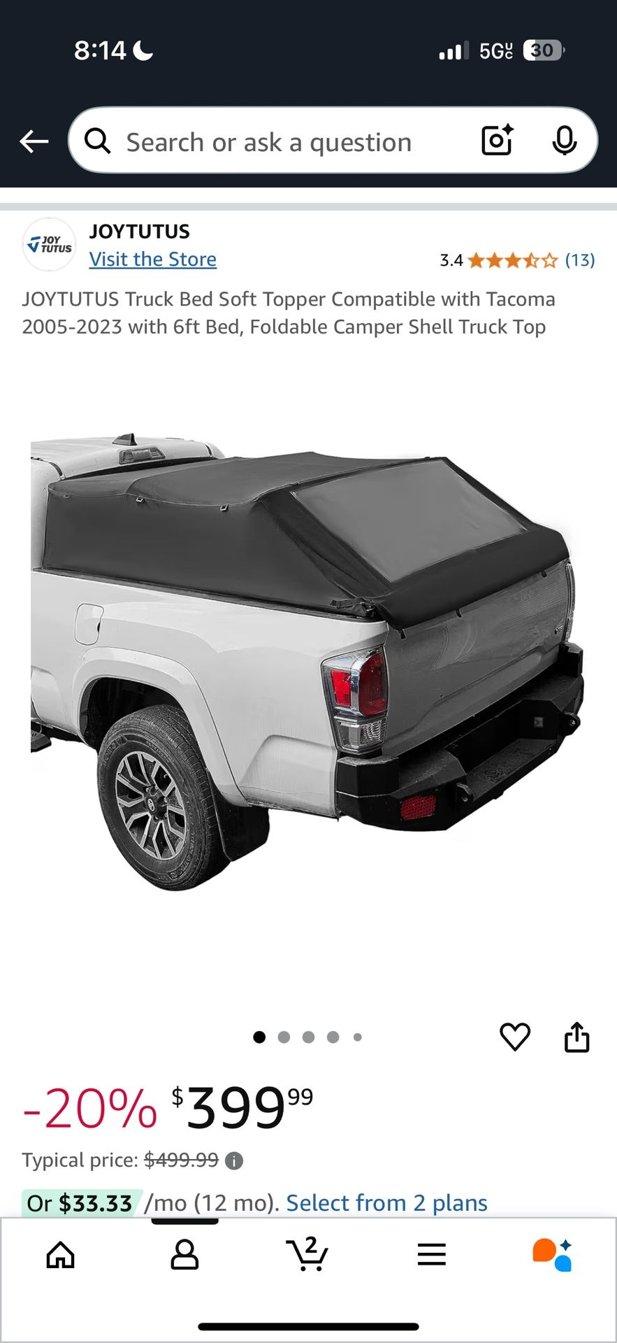 JOYTUTUS Truck Bed Soft Topper Compatible with Tacoma 2005-2023 with 6ft Bed, Foldable Camper Shell Truck Top