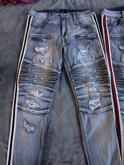 Men's Distressed Stripe Biker Jeans Blue Light Wash Cotton Denim Straight Style