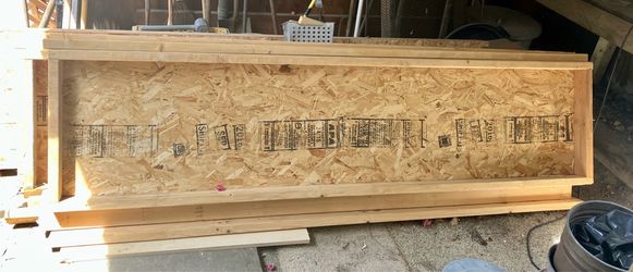 Shelving unit, 8 feet tall by 8 feet wide by 2 feet deep, all two by fours, two by sixes, and plywood, easy assembly Shelving unit, 8 feet tall by 8 f