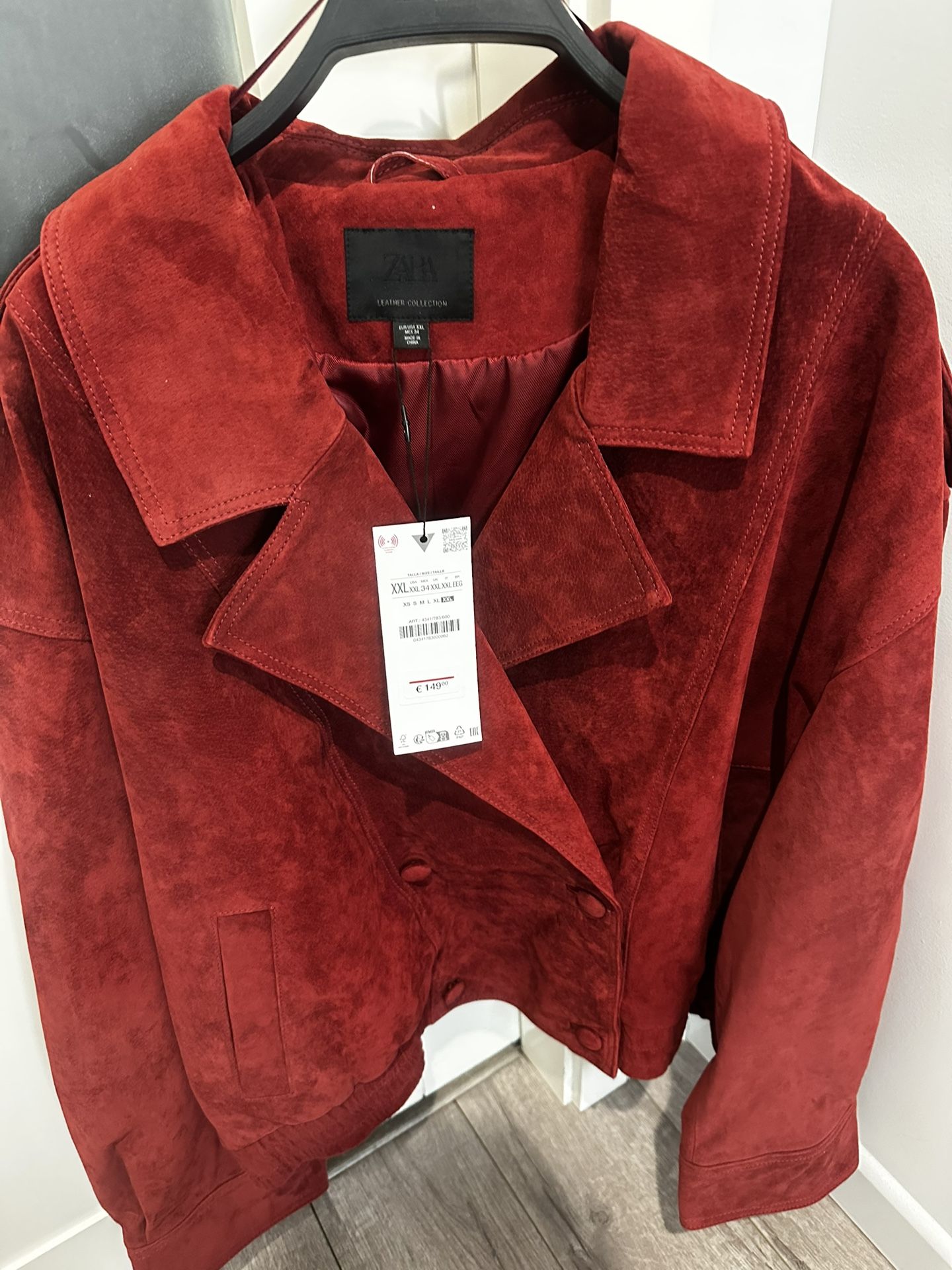 Zara 100% Suede Leather Jacket With Tabs