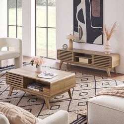2433b1519b $250mopio Mid Century Mordern 59" TV Stand and Coffee Table Bundle Set Entertainment Center with Storage with Storage Coffee Table (Oak) D