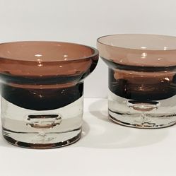 Vintage Krosno Poland Set of 2 Amethyst Glass Candle Holders Bubble Base 3” Tall