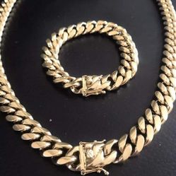 14MM Miami Cuban Link Set 14K Gold Plated Doesn't Loses Color 